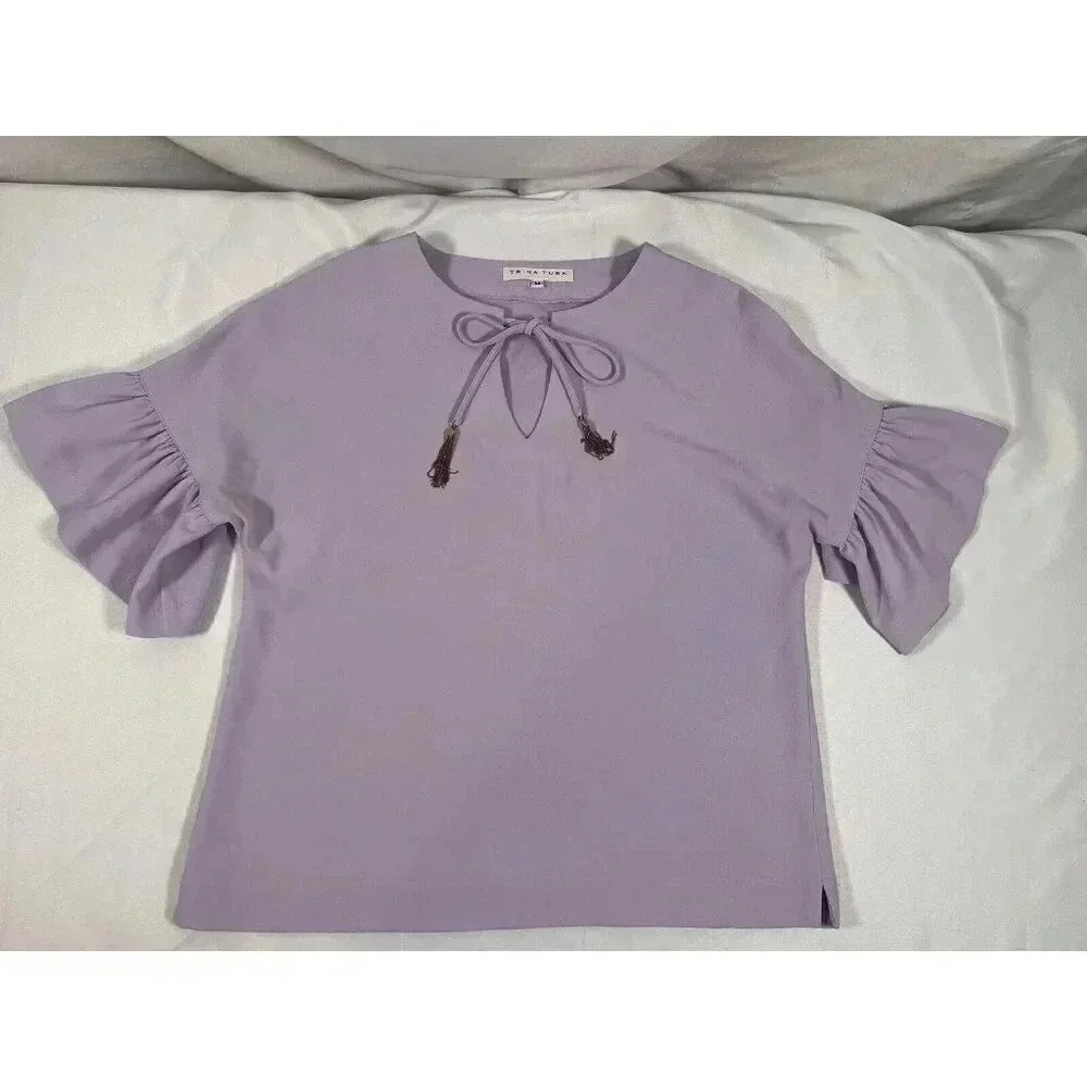 Trina Turk Women's Purple Split Neck Bay Point Ruffle-Cuff Crepe Top Size M